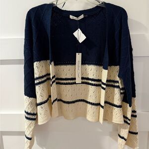 🇺🇸 Mustard Seed Blue and Cream Cardigan with Color-Block crochet Design